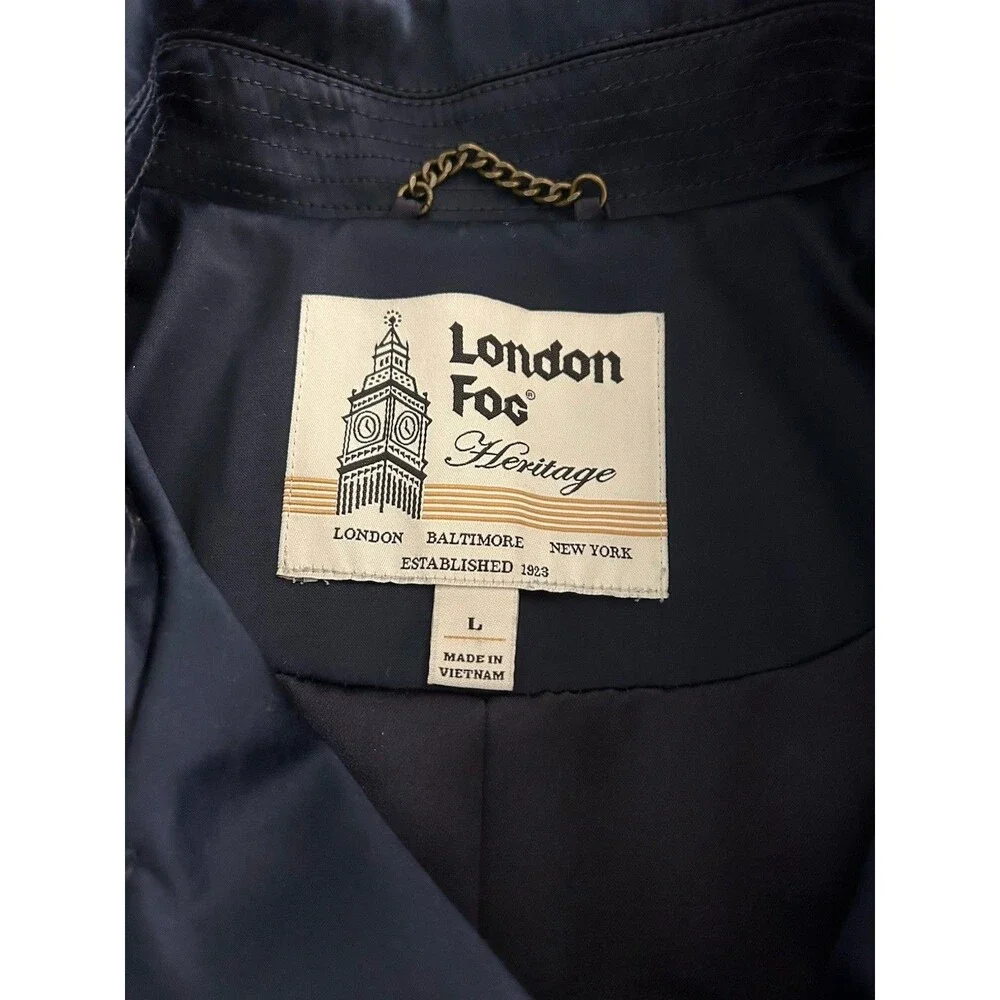 London Fog Heritage Double Breasted Belted Trench Dark Blue Satin Sheen Size L - Picture 13 of 16